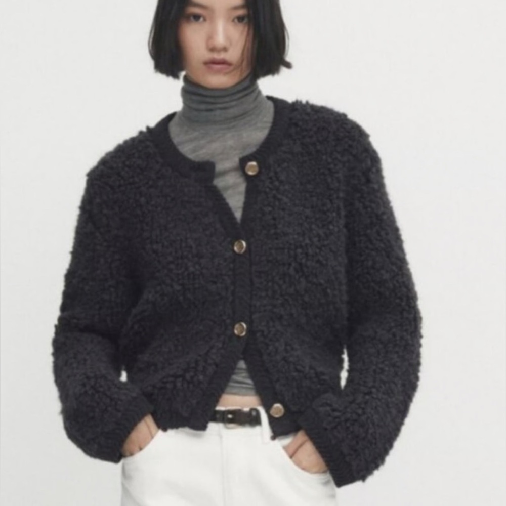 Massimo Dutti Bouclé Knit Cardigan With Buttons